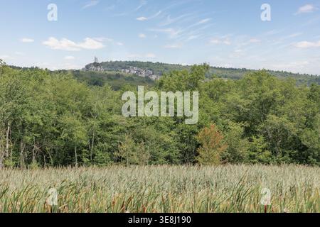 Blick auf den Skytop Tower des Mohonk Preserve auf dem Shawangunk Ridge von einer Feuchtwiese in New Paltz, New York. Stockfoto