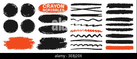 Kreide- und Bleistiftstriche mit Strudellinien, abstrakter Squiggles-Rand, Hintergrund. Handgezeichnetes Grunge-Doodle-Set. Verspielte Scribble-Elemente dynamische Kurven skizzieren Textur Handschrift Kunst Stock Vektor