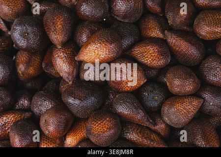 Eine Vollformataufnahme eines großen Haufens frischer Salak oder Schlangenfrüchte. Stockfoto