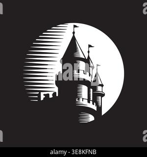 Dramatische Schwarz-weiß-Illustration eines Burgturms vor einem großen Vollmondhintergrund. Stock Vektor