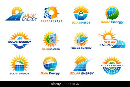 Solarenergie-Symbole von Vektorsonne, grünen Stromversorgungsplatinen und Blättern. ECO Company isolierte Symbole Set aus heißen orange Sonnenringen und Solarpaneelen mit Photovoltaikzellen. Ökologie, erneuerbare Energien Stock Vektor
