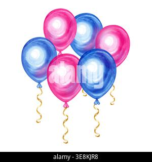 Aquarellillustration mit leuchtenden rosa und blauen Ballons mit goldenen Lockenbändern. Diese festliche handgezeichnete Komposition hat weiche Texturen und Stockfoto