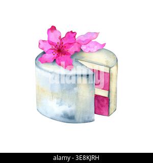Aquarell handgezeichnete Illustration eines köstlichen Kuchens mit einem geschnittenen Stück und einer leuchtend rosa Kirschblüte oben. Elegante Dessertskizze mit Beere Stockfoto