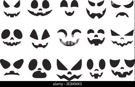 Kürbis halloween Gesichter. Schwarze Saisonschablonen zum Schneiden von Kürbissen verschiedener Grimassen. Jack Laterne Emotionen Silhouetten, sapid Vektor Design Stock Vektor