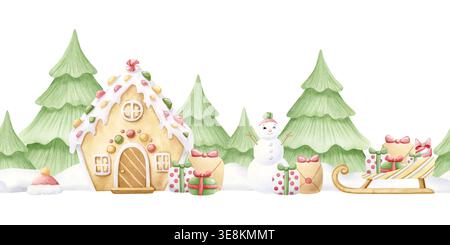Weihnachtsdorf mit Tannenwald, Lebkuchenhaus, lustiger Schneemann und Schlitten mit Geschenkboxen in nahtloser Schneeballleiste. Traditionell Stockfoto