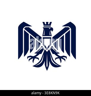 Königsadler mit Krone, Wappensymbol oder Emblem für Heraldik, Vektorwappen. Mittelalterlicher Adler im gotischen Stil mit Schild und kaiserlicher Krone mit Flügelfedern und Krallen für Wappenzeichen Stock Vektor