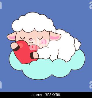 Nettes Kawaii weißes Schaf, das auf Wolke liegt, umarmt rotes Herz Cartoon Vektor Illustration auf blauem Hintergrund Stock Vektor
