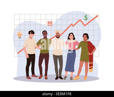 Mitarbeiter des Unternehmens. Geschäftspartner, Büroangestellte, Unternehmen, modernes Team, freischaffende Mitarbeiter, vielfältiges Team, Finanzdiagramm, Fortschritt Stock Vektor