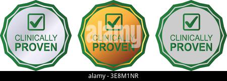 Half Circle Clinically Proven Badge Collection Blau-Gold-Grün für Etiketten und Marketing Stock Vektor