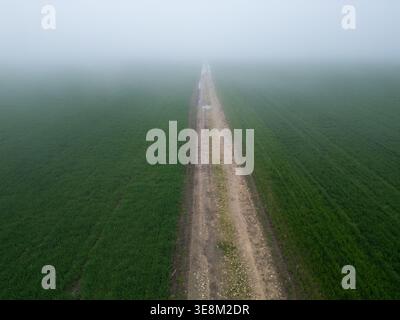 Matdy Country Road in dichten Nebel- und Regenpfützen Stockfoto