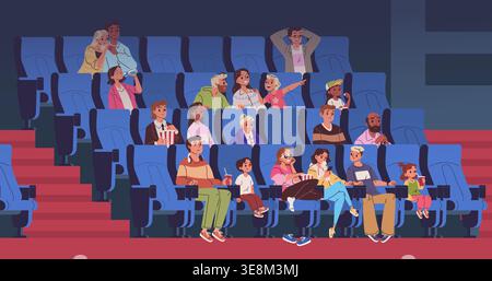 Kinosaal für Menschen. Kinosaal Publikum, Menge Film auf Sitzstuhl mit Popcorn Familie Theater Zuschauer sehen Show Unterhaltung klassische Vektor Illustration Original Kunstwerk Stock Vektor