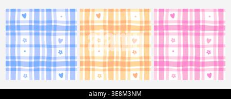 Nahtloses Karomuster mit süßen Herzen und Blumen in Blau, Orange und Pink. Geometrische Textur mit Gingham-Karomuster für Baby, Kinderzimmer, romantisches Design, Textildruck, Tapeten, Hintergrund zum valentinstag Stock Vektor