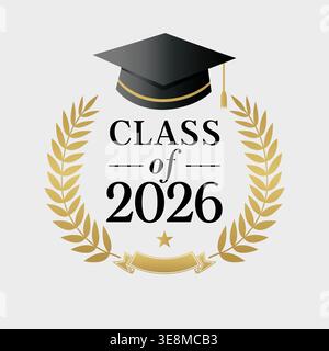 Logodesign der Klasse 2026 mit Lorbeerkranz. Gratulation Abschlussgruß Konzept mit Abschlusshut und Auszeichnung Zweigstellen. Vektorabbildung Stock Vektor