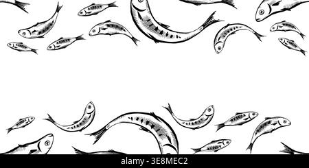 Sardinenfisch nahtloser Rahmen in minimalistischer Vektorlinie Kunst. Horizontale, wiederholte Grenze für mediterrane Meeresfrüchte-Menügestaltung, Header der Marine-Website Stock Vektor