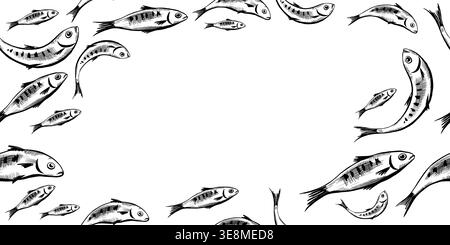 Sardinenfisch nahtloser Rahmen in minimalistischer Vektorlinie Kunst. Horizontale, wiederholte Grenze für mediterrane Meeresfrüchte-Menügestaltung, Header der Marine-Website Stock Vektor
