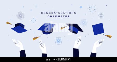Moderne flache Graduierung Happy Graduate mit erhobenen Händen und Feuerwerk auf hellblauem Hintergrund. Horizontales Banner Stock Vektor
