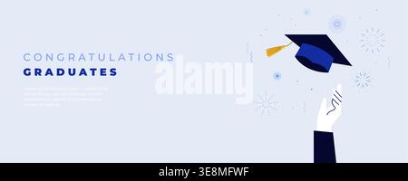 Moderne flache Graduierung Happy Graduate mit erhobenen Händen und Feuerwerk auf hellblauem Hintergrund. Horizontales Banner Stock Vektor