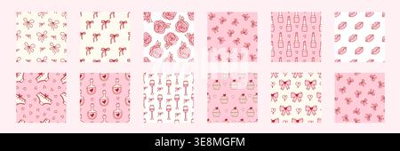 Set mit nahtlosem Muster und niedlichen rosa Schleifen, Herzen und Bändern. Perfekt für mädchenhafte Prints, romantisches Stoffdesign oder trendige Hintergründe im Coquette-Stil mit entzückender Schleife. Vektorabbildung Stock Vektor