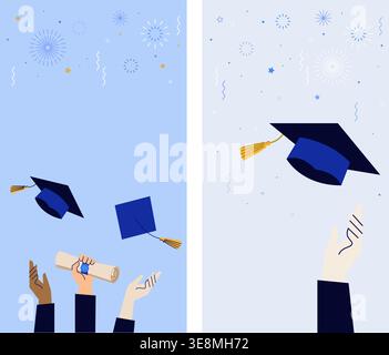 Moderner flacher Graduierung Werfen Kappen und Feuerwerk Feier Hintergrund mit Händen und hellblauem Hintergrund Stock Vektor