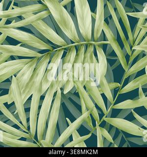 Palmblätter, nahtloses Muster. Aquarellabbildung. Die Zeichnung wird von Hand gemacht, die Blätter tropischer Bäume auf grünem Hintergrund. Stockfoto