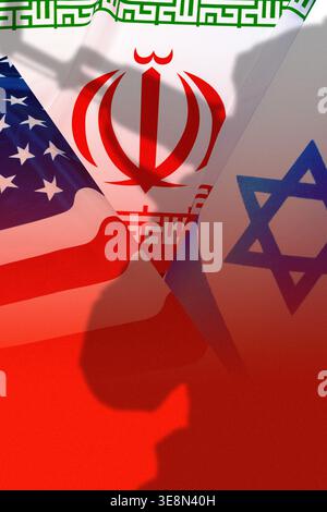 Konflikt zwischen Iran und USA im Jahr 2026 mit Schwerpunkt auf Öl und Nationalflaggen Stockfoto