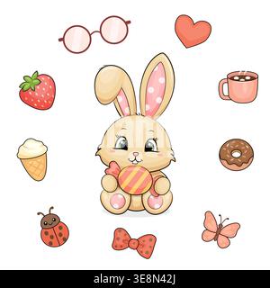 Entzückender flauschiger Cartoon-Häschen mit Süßigkeiten, umgeben von süßen und verspielten Elementen wie Donut, Erdbeere, Bogen, Herz, Marienkäfer, Schmetterling, ich Stock Vektor