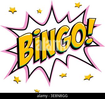 Bingo-Starburst-Ikone im Pop-Art-Comic-Stil mit kräftigem gelbem Schriftzug auf weißem Sternendesign und pinkfarbenen Umrissakzenten. Retro-Vektor-Bingo-Logo für Stock Vektor