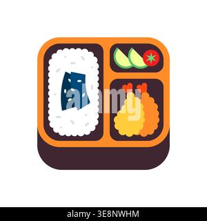 Orange Bento Box mit Garnelen Tempura, Gurkenscheiben, Tomaten und Reis im flachen Stil Vektor Stock Vektor