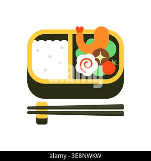 Ovales Bento Mittagessen mit gebratenen Garnelen, Fischkuchen, Tamago und verschiedenen Gemüsesorten in einer Box mit gelbem Rand Stock Vektor