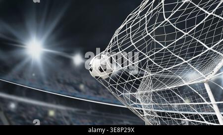 Fussball im Fussballtornetz. Nahaufnahme texturiertes Fußballnetz auf Fußballtor im großen Stadion. Stockfoto