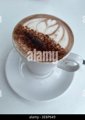 Frisch zubereiteter Latte mit aufwändiger Schaumkunst in einer weißen Keramikschale und Untertasse, serviert auf einem Café-Tisch mit sanfter natürlicher Beleuchtung und selektivem Fokus. Stockfoto