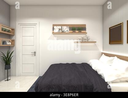 Minimalistisches modernes Hauptschlafzimmer mit Kingsize-Bett und Holzakzenten - 3D-Rendering Stockfoto