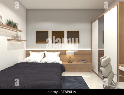 Modernes Hauptschlafzimmer im japanischen Stil mit kompaktem minimalistischem Holzdesign - 3D-Rendering Stockfoto