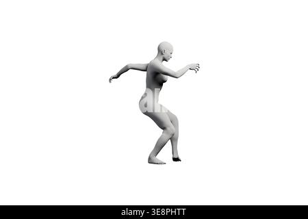 Fotorealistisches 3D-CGI-Rendering einer anmutigen jungen Frau mit dynamischer Tanzposition in linker Seitenansicht. Materialfinish mit professionellem Studio-Design Stockfoto