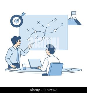 Geschäftsmann, der auf eine Projektstrategiekarte auf einem Whiteboard zeigt, während er einem männlichen Kollegen in einem Büro einen Plan erklärt. Illustration des flachen Vektors. Stock Vektor
