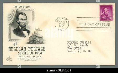 1954 First Day Cover für die 4-Cent-Briefmarke Abraham Lincoln Scott 1036, abgestempelt New York am 19. November 1954. Stockfoto