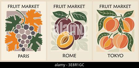 Set mit stilisierten Obstmarkt-Retro-Poster Stock Vektor