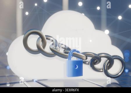 Digitales Sicherheitskonzept, das ein Cloud-Computing-Symbol zeigt, das durch eine Kette und ein Schloss auf einem Bokeh-Hintergrund mit Netzwerkleitungen geschützt ist und verschlüsselt ist Stockfoto