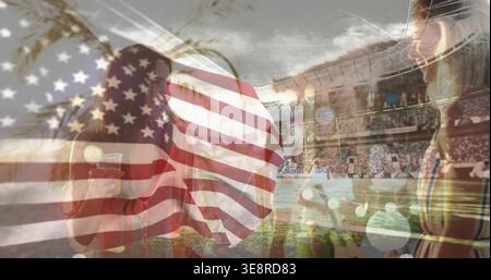 Acht Erwachsene in legeren Kleidern mit Plastikbecher sprechen, Spiel in der Arena beobachten, US-Flagge überlagert Stockfoto