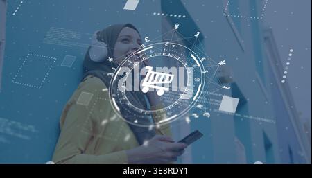 Höre das Telefon Summen, eine Frau in Hijab und überprüfte das Telefon und sah den AR-Wagen an der blaugrünen Wand, Kopierraum Stockfoto