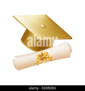 3. Graduiertenkappe mit Diploma Scroll. Diplom mit goldener Schleife. Stock Vektor
