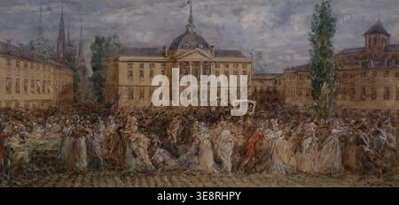 Ludwig XVI. Und Marie Antoinette, die vor dem Rathaus in Châlons-sur-Marne auf ihrem Weg von Varennes, 22. Juni 1792, spätestens 1880, Joseph Navlet (1821-1889), Aquarell, das staatliche Museum der Schönen Künste Puschkin vorbeifahren. Stockfoto