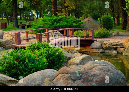 Eine ruhige japanische Gartenszene mit einer geschwungenen Holzbrücke, die einen kleinen Teich überspannt, umgeben von großen Felsbrocken, lebhaften grünen Büschen mit rotem f Stockfoto