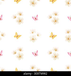 Nahtloses Muster mit Schmetterlingen und weißen Blumen auf hellem Hintergrund. Aquarellabbildung. Stockfoto