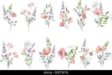 Wildblumensträuße in Aquarellfarben, handgezeichnete botanische Sammlung von zarten Frühlingsblumenarrangements. Vektorillustration isoliert auf weiß. Stock Vektor