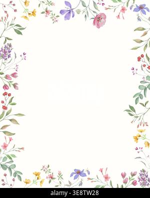 Aquarellrahmen mit Wildblumen, handgezeichneter botanischer quadratischer Rand mit rosa Blumen. Vektorabbildung isoliert auf weiß mit Kopierraum. Stock Vektor