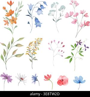 Aquarellflorale Elemente Kollektion, handgezeichnetes botanisches Set von Gartenblumen, Kräutern und Blättern. Vektorillustration isoliert auf weißem Hintergrund. Stock Vektor