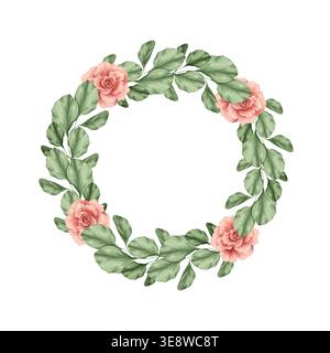 Botanischer Kranz mit Rosen und saftig grünen Blättern. Blumenrahmen. Handgezeichnete Ästhetik. Stockfoto