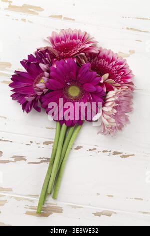Gerbera Blumen Blumenstrauß auf Holztisch. Ansicht von oben Stockfoto