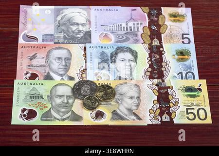 Australisches Geld - Dollar - Münzen und Banknoten Stockfoto